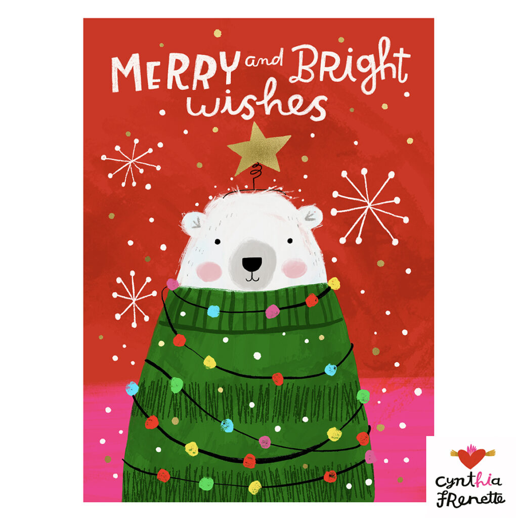 Polar bear wearing a green christmas sweater wrapped up in lights