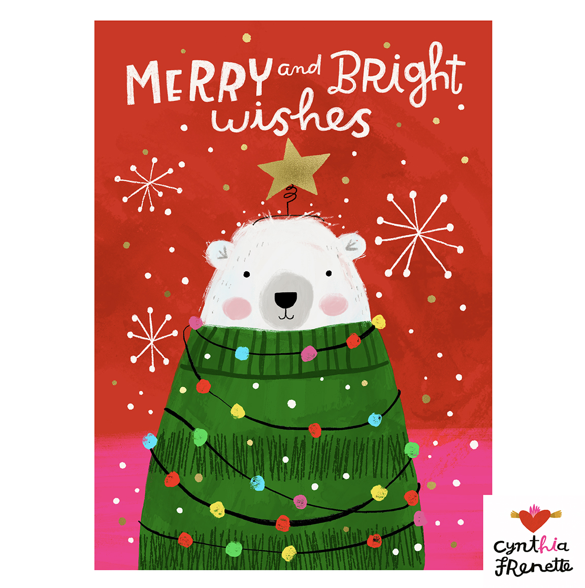 Polar bear wearing a green christmas sweater wrapped up in lights