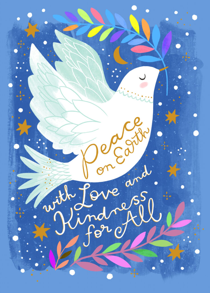 card with dove, reads Peace on earth with love and kindness for all