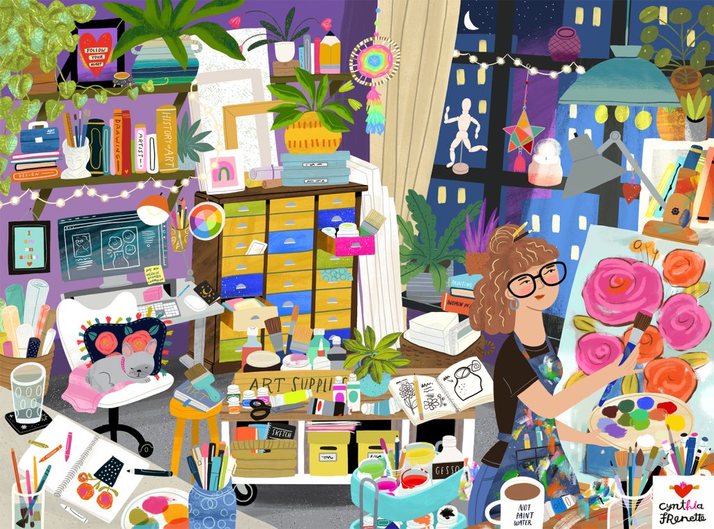 puzzle art, woman in her art studio