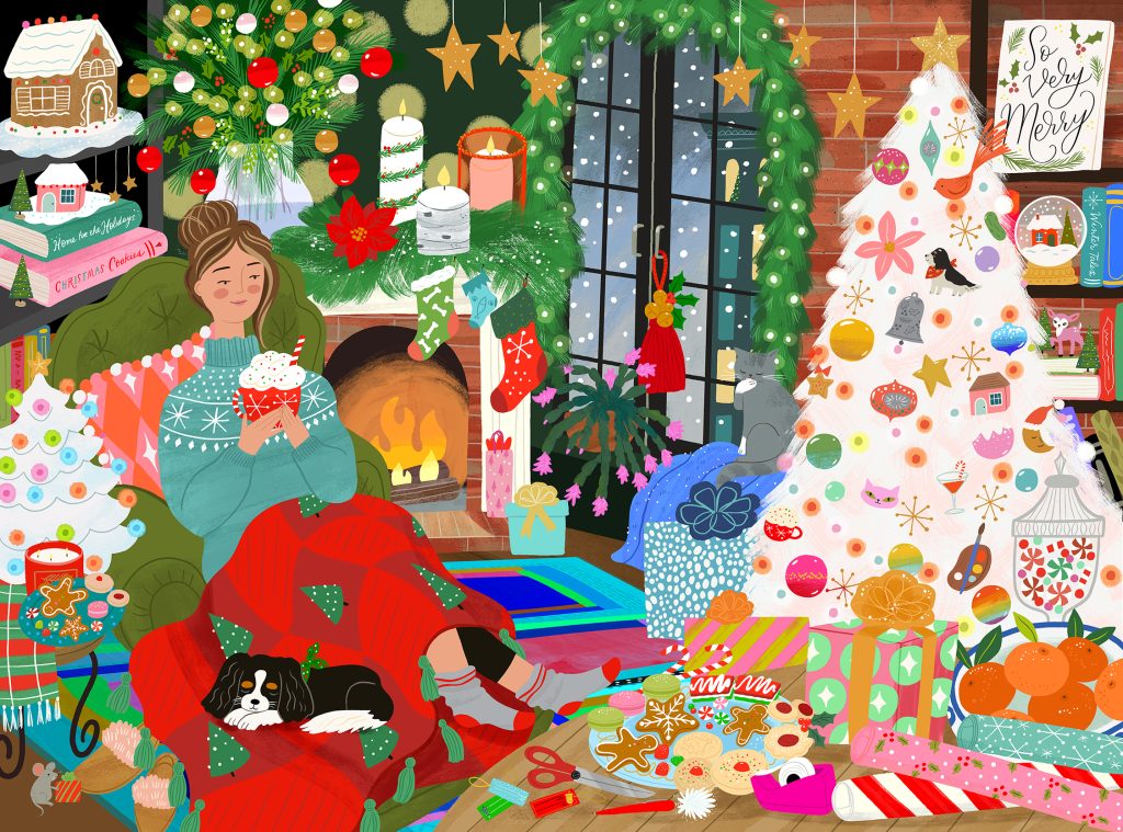 Cozy christmas scene of a woman in her apartment with a tree, lights, and decor, her dog & cat, reading