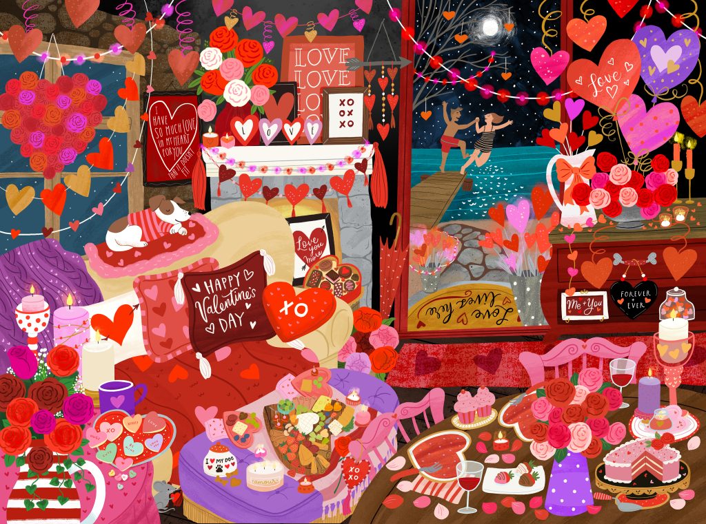 Illustration of a Valentines theme Cottage interior- lots of hearts