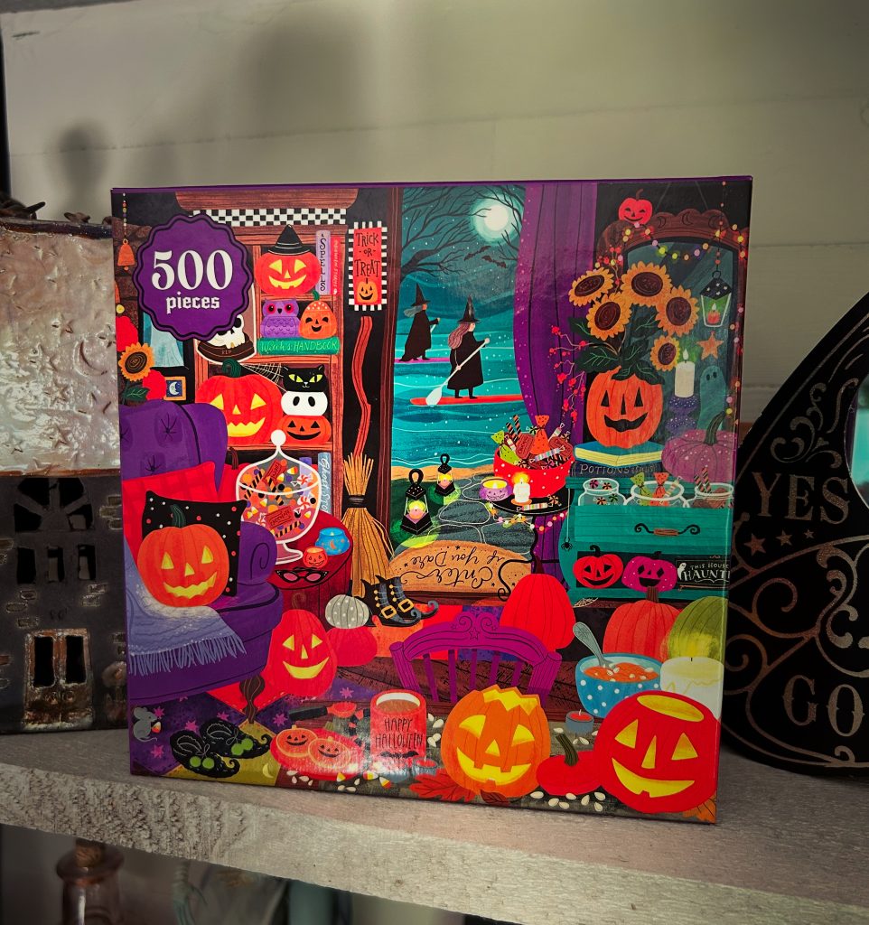 halloween theme puzzle with a decorated cottage interior where a witch would live