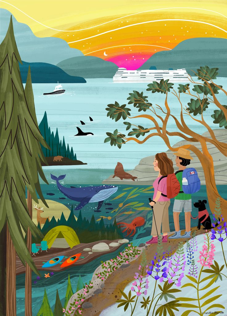 illustrated scene of west coast BC with islands, hikers, humpback whale, arbutus tree, camping, ferry