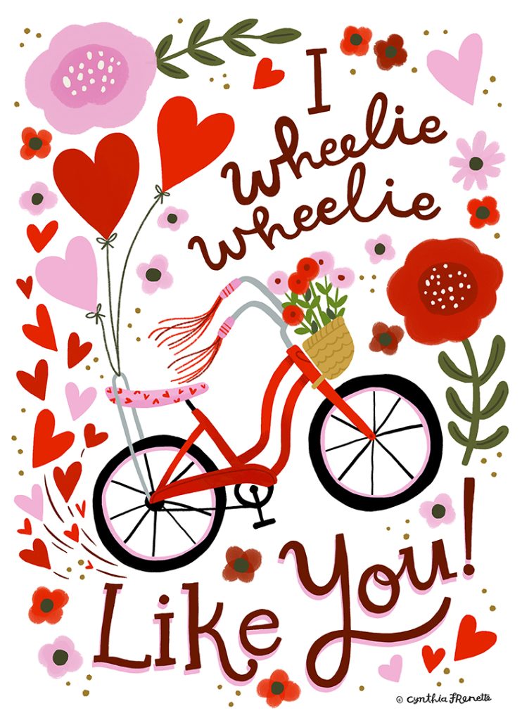 cute illustrated valentine card with a banana bike doing a pop a wheelie, reads I wheelie wheelie like you