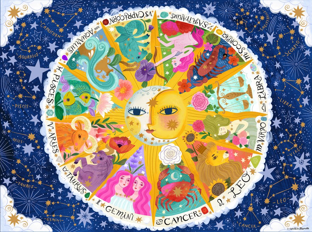 illustrated zodiac puzzle image featuring all 12 signs with their gemstones & flowers in a bold colourful style